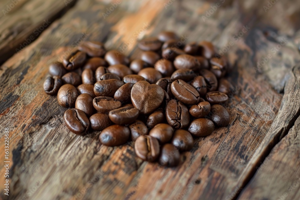 Aufkleber roasted coffee beans arranged in a heart shape on a rustic wooden table, creating a warm and invitin