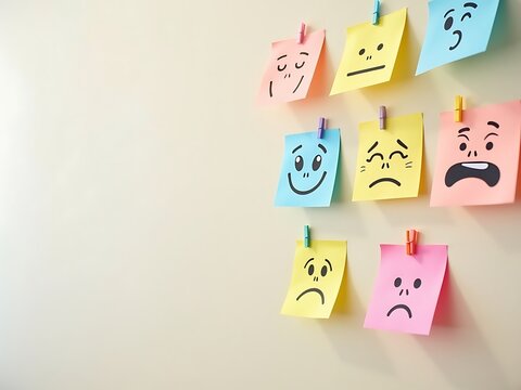 Mood tracker concept sticky notes with facial expressions on wall art