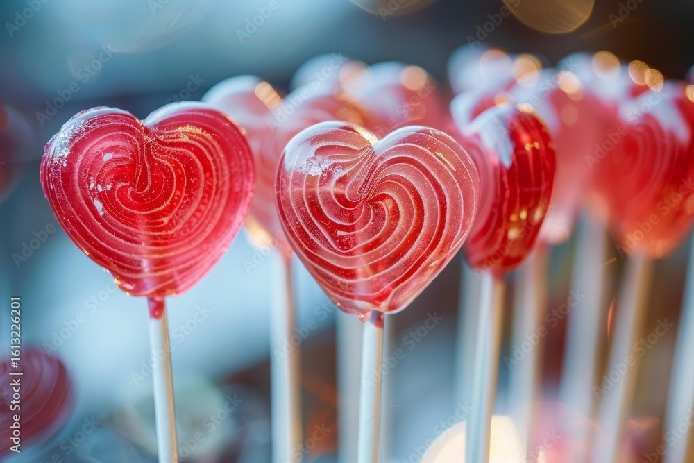 Poster red lollipops with a heart shape are displayed on sticks, creating a sweet and romantic atmosphere