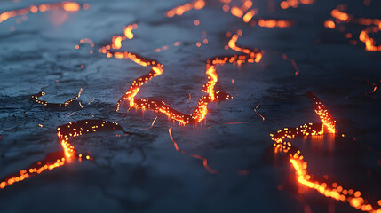 Molten lava flows across fractured, dark basalt.  Streams of fiery orange glow through cracks in the surface