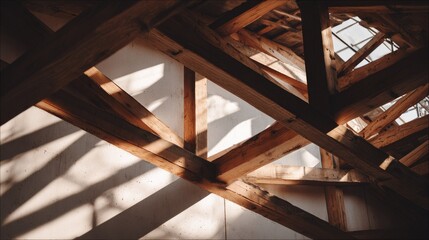 Wooden roof structure with intricate beams and shadows.