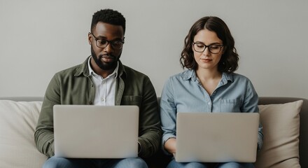 Diverse professional couple working from home together on laptops, focused on their tasks