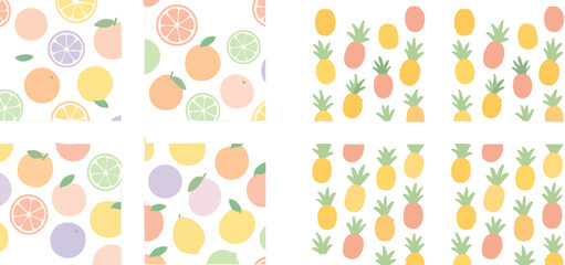 Pastel Pineapple and Citrus Fruit Seamless Patterns.