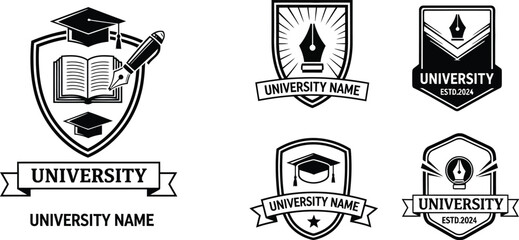 Collection of university crests and emblems featuring academic symbols and typography