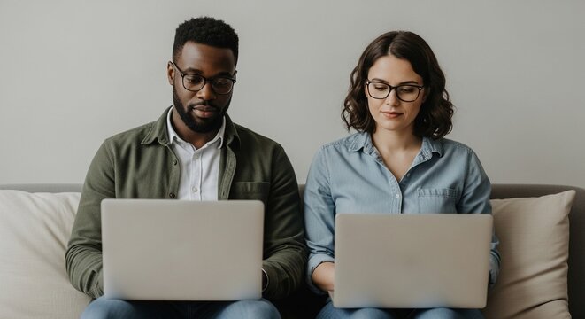 Diverse professional couple working from home together on laptops, focused on their tasks - Powered by Adobe