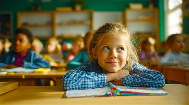 A happy little girl with her chin on her hands, lost in thought.