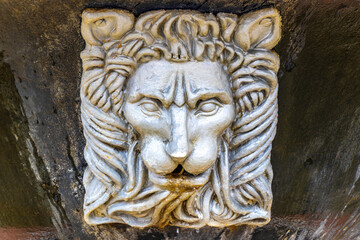 Beautiful ornate city fountain with lion decorations in Brest Belarus.
