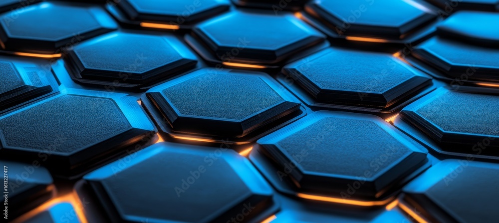 Poster futuristic neon hexagonal grids on a black background for modern sci-fi interface design aesthetic