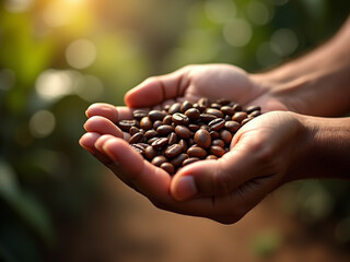 Coffee Beans in Cupped Hands with Dark Roast Texture and Plantation Background in Natural Light