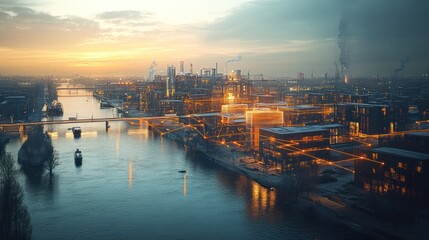 Fototapeta premium Industrial cityscape at sunrise over river, aerial view. Possible use Stock photo for architectural or urban design concepts