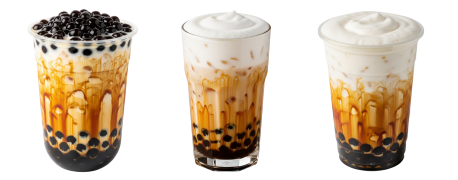 Collection of Brown sugar pearl milk tea with foam cream on top, in plastic cup isolated on white or transparent background