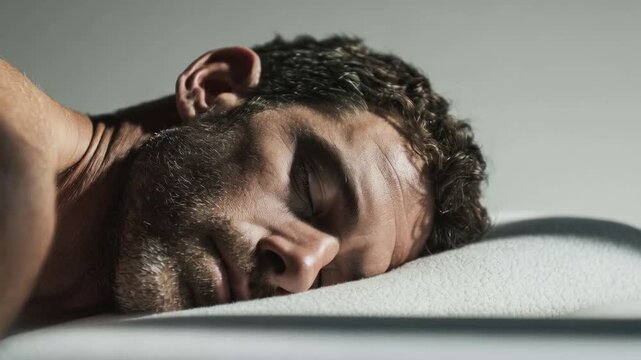 A young Caucasian man with short brown hair is sleeping peacefully on a white pillow. The scene conveys tranquility and relaxation.