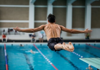 Diver in mid-air performing a springboard dive above a clear swimming pool with spectators watching
