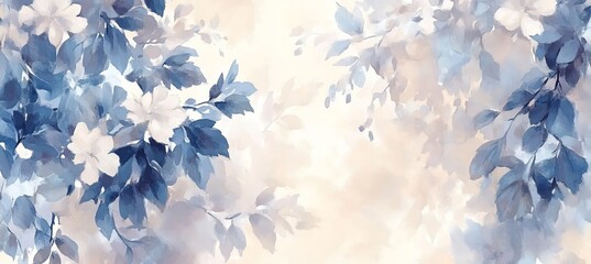 Beautiful Watercolor Painting of Leaves and Flowers in a Soft Beige and Purple Color Palette