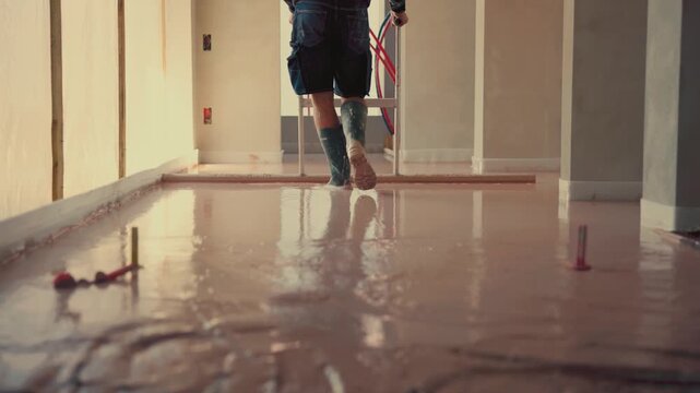 Construction worker leveling self-leveling concrete floor with smoothing tool