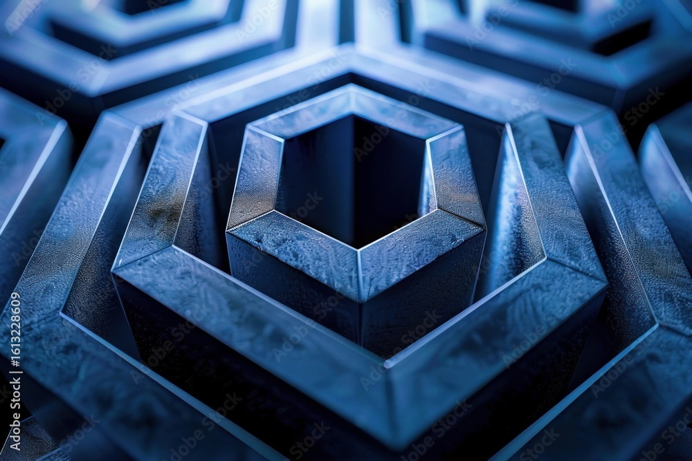 Poster metallic hexagons creating a mesmerizing geometric pattern, ideal for technology, engineering, or ab