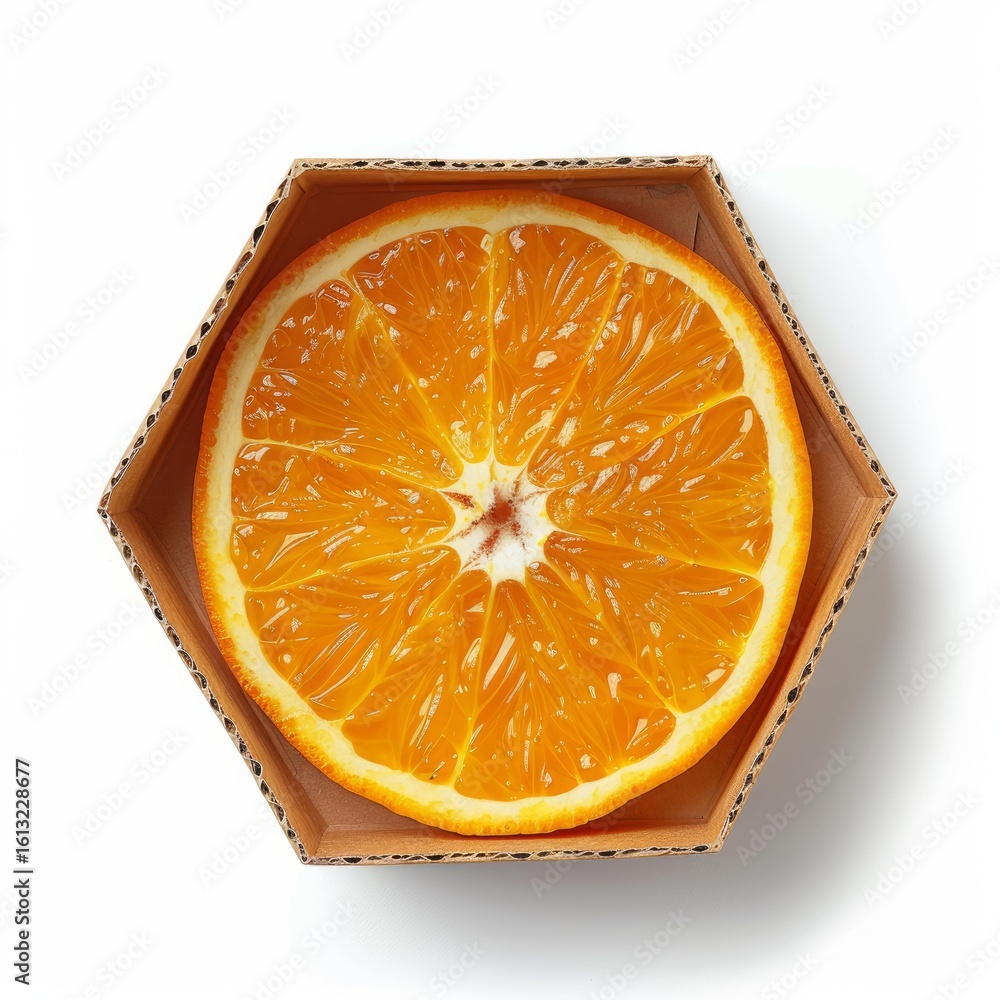 Poster single slice of vibrant orange is nestled in a hexagonal cardboard container, showcasing its freshne