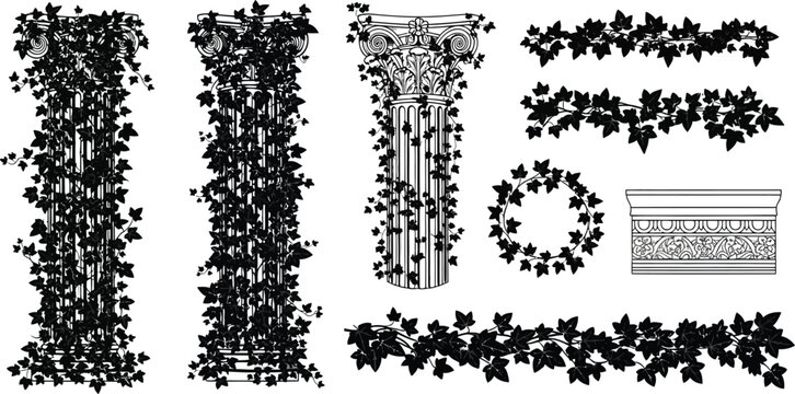 Decorative victorian architectural elements with lush green ivy vines and floral patterns