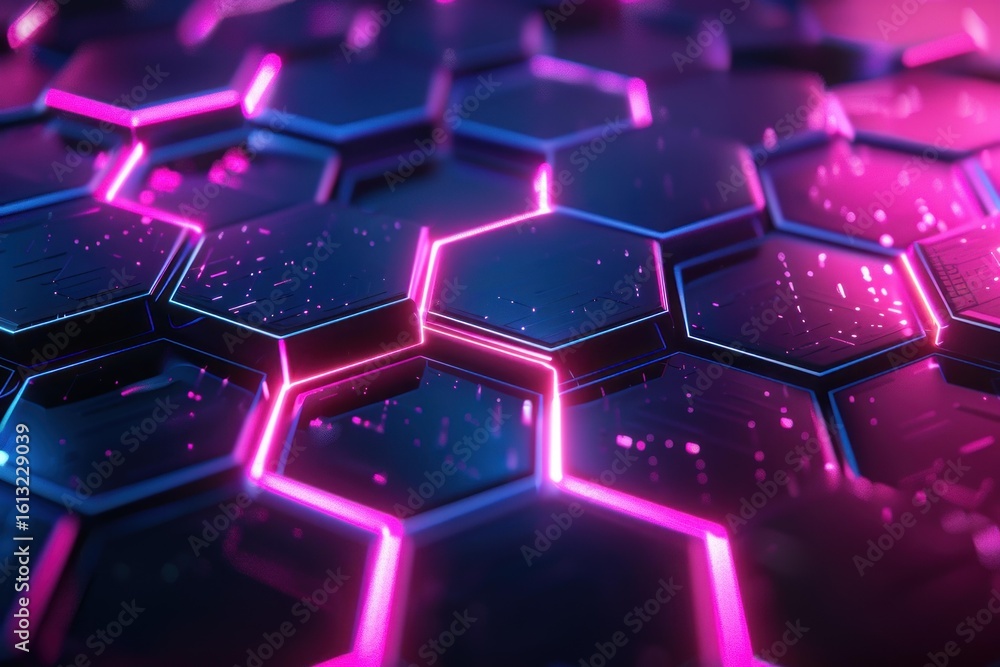 Poster futuristic glowing neon pink and blue hexagonal pattern creating a technological and digital backgro
