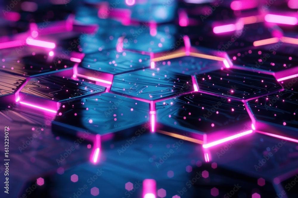 Poster hexagonal metallic surface with glowing pink and blue edges creating a futuristic technological patt