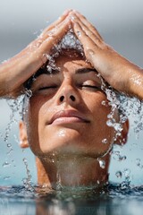 Diver emerging from water, water droplets cascading, showcasing athleticism and focus in springboard diving