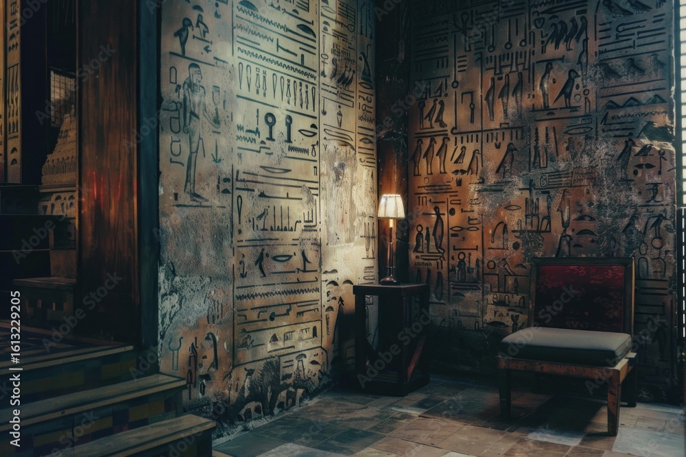 Poster evocative scene within an ancient egyptian tomb, featuring illuminated hieroglyphics and a dimly lit