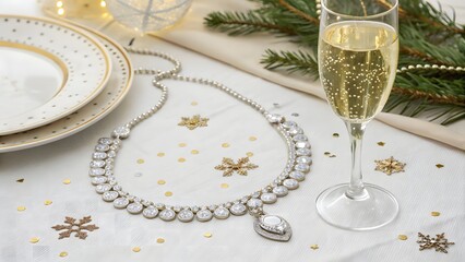 A sparkling diamond necklace and champagne flute on a festive christmas table setting