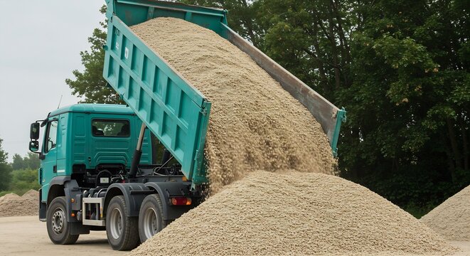 Teal Dump Truck Unloading Beige Gravel or Aggregate on Construction Site