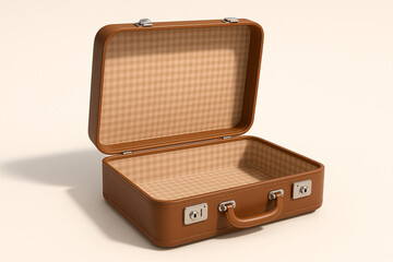 Vintage brown suitcase open on soft background, empty travel luggage with checkered fabric lining, concept of adventure, packing, nostalgia, and preparation
