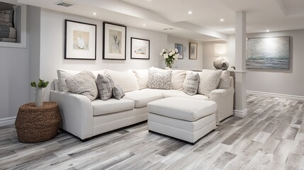 Brightly lit basement living area with white sofa, ottoman and art
