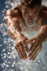 Diver executing a springboard dive with water splashing around in a dynamic and energetic scene