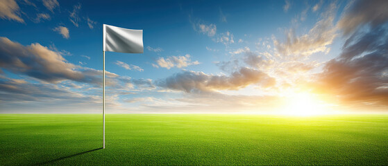 Golf course with white flag on pole under dramatic sky during sunset creating peaceful and scenic outdoor landscape perfect for sports and relaxation