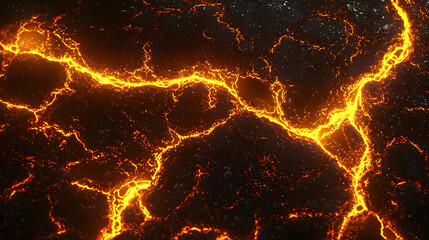 Molten lava flows through dark, textured rock.  Streams of orange-yellow molten rock snake through a surface of rough, dark rock