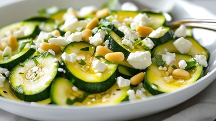 Zucchini salad with feta and pine nuts, fresh herbs