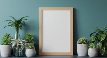 Minimalist Frame  Plants Calm Interior Mockup on Blue Shelf with Natural Light.