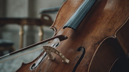 Close-up of a cello with bow, showcasing musical craftsmanship details