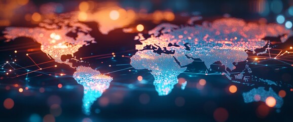 Glowing blue and orange world map with network connections and bokeh lights on a dark background, conveying a global and technological mood.
