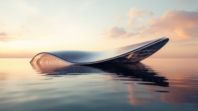 Futuristic structure with solar panels floating on ocean at sunset