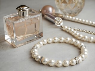 Still life of perfume bottle and pearl jewelry on a white surface in soft lighting