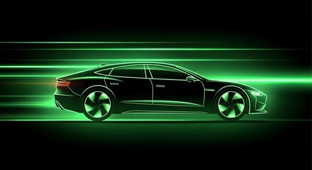 Modern Electric Car With Futuristic Green Energy Light Trails Background.