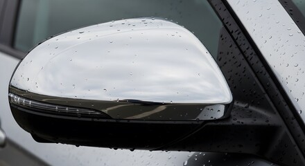 Close-Up of Modern Car Side Mirror with Rain Drops.