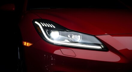 Close-Up of Sleek Red Sports Car Headlight Against a Dark Background.