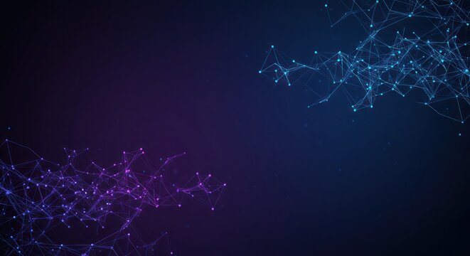 Abstract digital background with glowing purple and blue plexus networks, a concept of technology, data connection, and communication.
