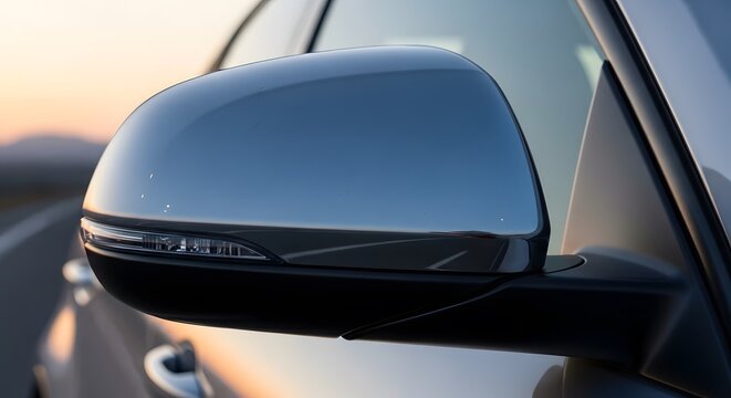 Close-Up of a Modern Car Side Mirror on a Scenic Road. - Powered by Adobe