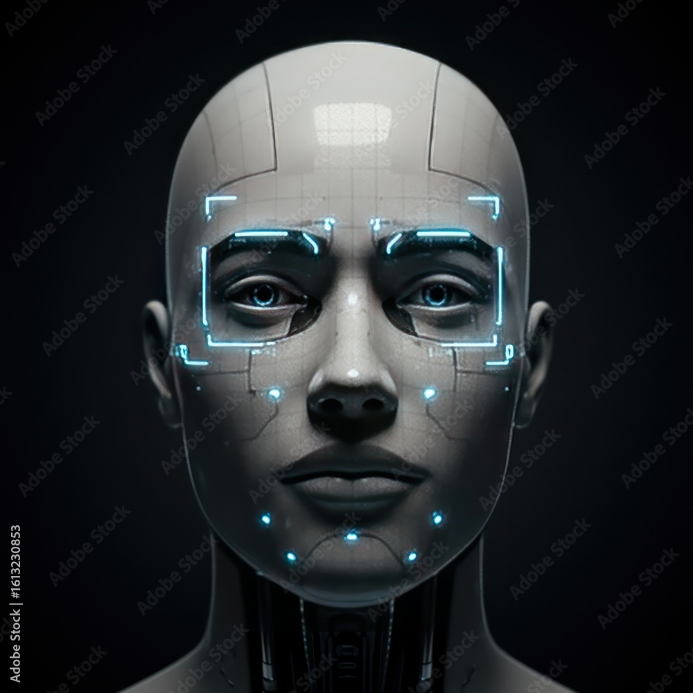 Poster portrait of a futuristic humanoid with a glowing blue biometric interface performing a facial recogn