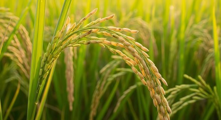 Golden Rice Grains Ready for Harvest in a Sunlit Field.