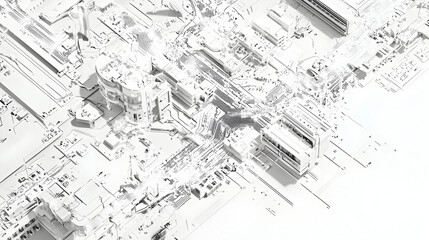 Abstract, white, architectural design, intricate network of structures, futuristic city layout.  Complex, interconnected, geometric shapes, 3D rendering, elevated perspective