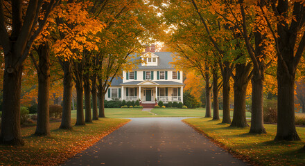 Elegant Colonial Home Framed by Autumnal Trees on a LeafStrewn Driveway