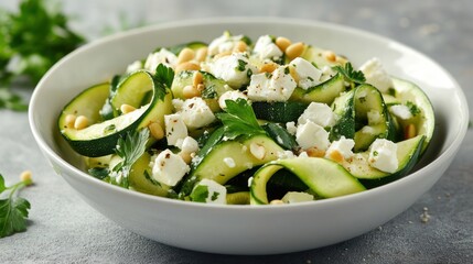 Zucchini salad with feta and pine nuts, served in bowl on table