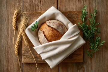 A reusable cloth bag, folded bread, beige surface, sustainable living concept. Generative AI